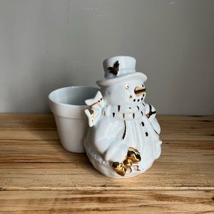 Bloom Rite Christmas Snowman Flower Pot Planter White Gold w/ Coat Hat